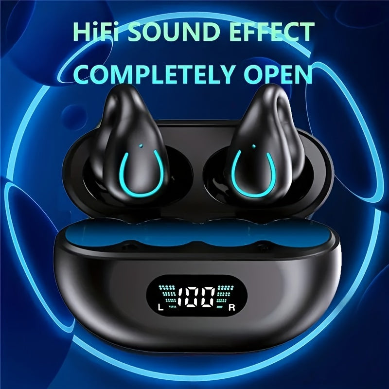 Open Ear Clip Wireless Earplugs BT 5.3 – Sports Earphones with Built-In Microphone, Ear Hooks, Wireless Charging Box, and Display