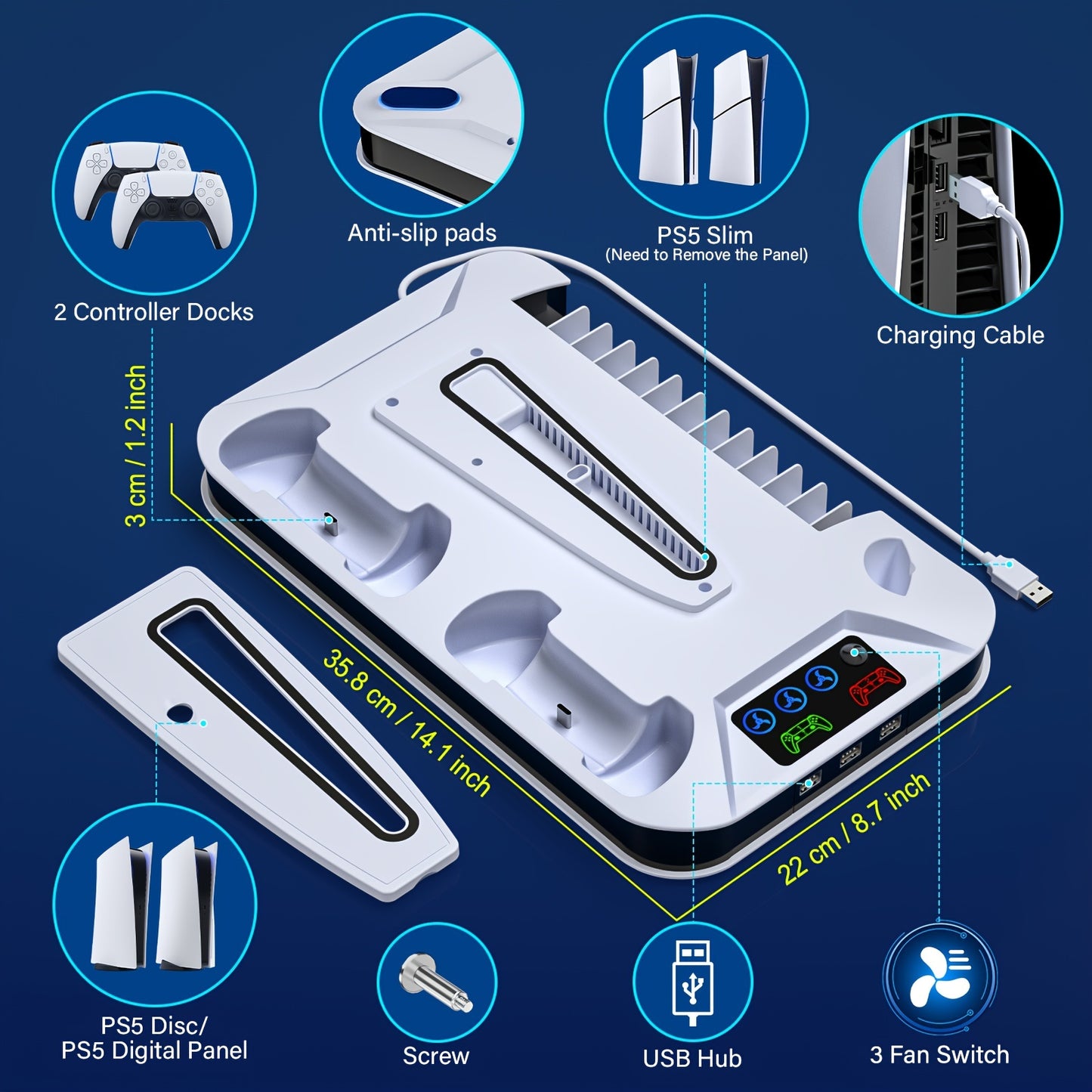 PS5/PS5 Slim/PS5 Pro Cooling Station with Controller Charging Stand - Includes Cooling Fan, 3 USB Hubs, Headset Holder and Screw for Disc/Digital Console - PlayStation 5 Accessories, Christmas Gift