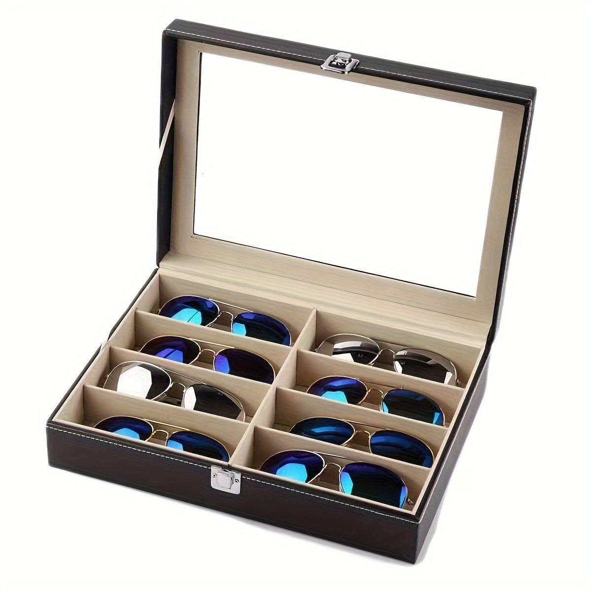 Elegant Dual-Layer 12-Slot Sunglass Storage Case - PU Leather, Metal Clasp, Large Capacity Organizer for Glasses and Jewelry - Black Display Box for Men and Women