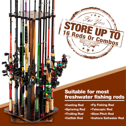 360-Degree Swivel 16-Rod Fishing Pole Storage Rack - Wooden Vertical Holder for Garage & Gear Organization - Secure Floor Stand Design