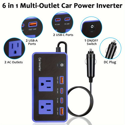 200W Car Power Inverter | DC 12V to 110V AC Inverter with 24W USB-C Fast Charger | Type C Car Charger for Laptop and Camping Road Trip Essentials