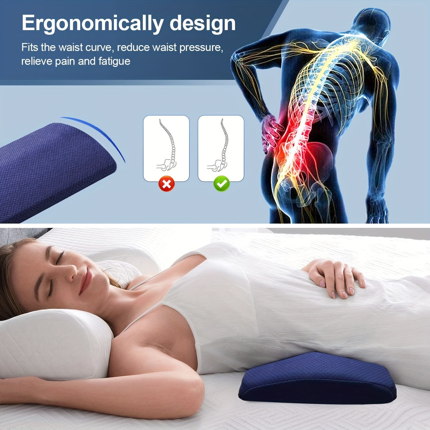 Ergonomic Memory Foam Lumbar Support Pillow – Machine Washable, Removable Cover, Medium Soft Firmness for Back Pain Relief, Sciatica and Joint Support, Knitted Fabric, 100% Polyester Cover