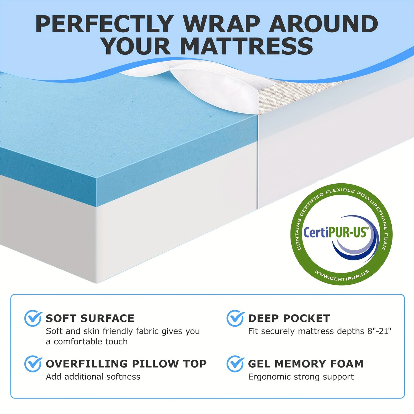 Guessky Queen Size Pillow Topper + Gel Memory Foam Mattress – 1 Inch Cooling Pillow Top and 2 Inch Gel Memory Foam, 3 Inch Dual Layer Topper for Pressure Relief and Soft Comfort