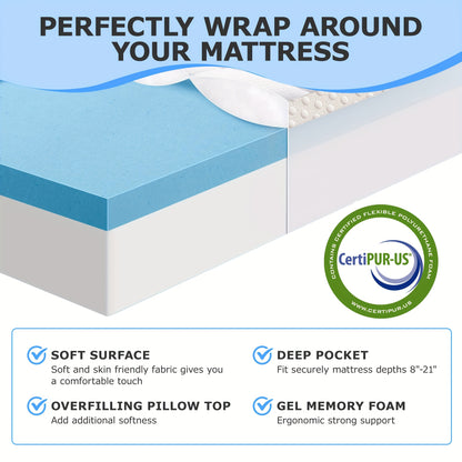 Guessky Queen Size Pillow Topper + Gel Memory Foam Mattress – 1 Inch Cooling Pillow Top and 2 Inch Gel Memory Foam, 3 Inch Dual Layer Topper for Pressure Relief and Soft Comfort