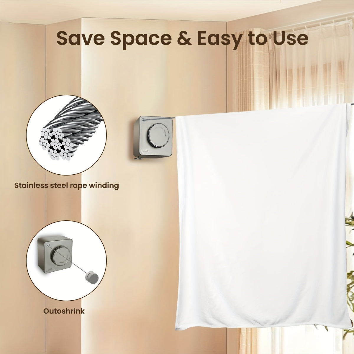 1/2Pcs Retractable Clothesline - Heavy-Duty Indoor/Outdoor Wall-Mounted Clothes Drying Line, Non-Sagging Stainless Steel, 15.1 Feet, Gray