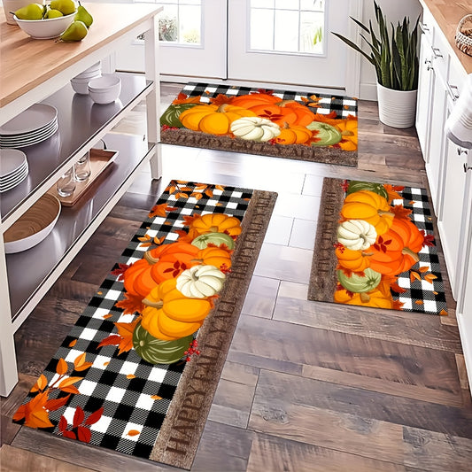 Autumn Pumpkin Print Floor Mat – Thanksgiving Harvest Carpet with Maple Leaf Grid, Anti-Fatigue, Anti-Skid and Washable for Kitchen, Dining Room, Office and Laundry Room