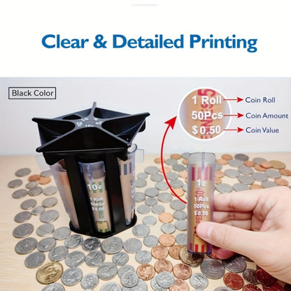 5 in 1 Manual Coin Sorter Tube - For Pennies, Nickels, Dimes, Quarters, and Dollars, Non-Electronic Coin Counter and Organizer (1pc, Black)