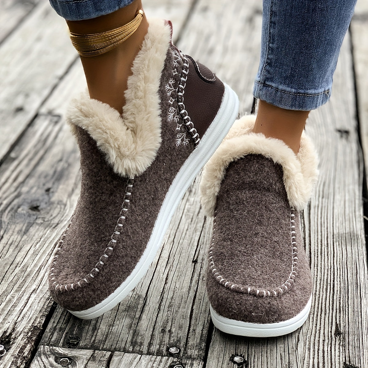 Cozy Furry Slip-On Sneakers – Warm Plush Lined, Soft Fabric Upper, Round Toe, Polyurethane PU Faux Leather Sole – Casual Comfort Shoes for Fall and Winter