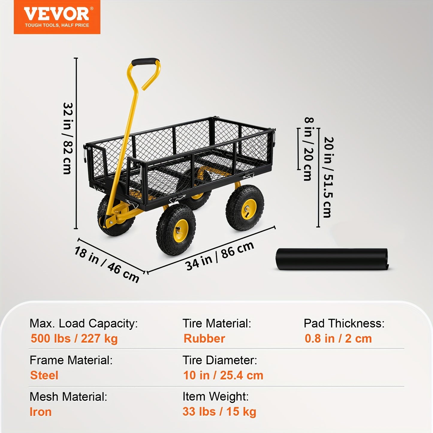 VEVOR Steel Garden Cart - Heavy Duty 500 lbs Capacity, Removable Mesh Sides, Converts to Flatbed, Utility Metal Wagon with 180° Rotating Handle and 10 in Tires, Perfect for Garden