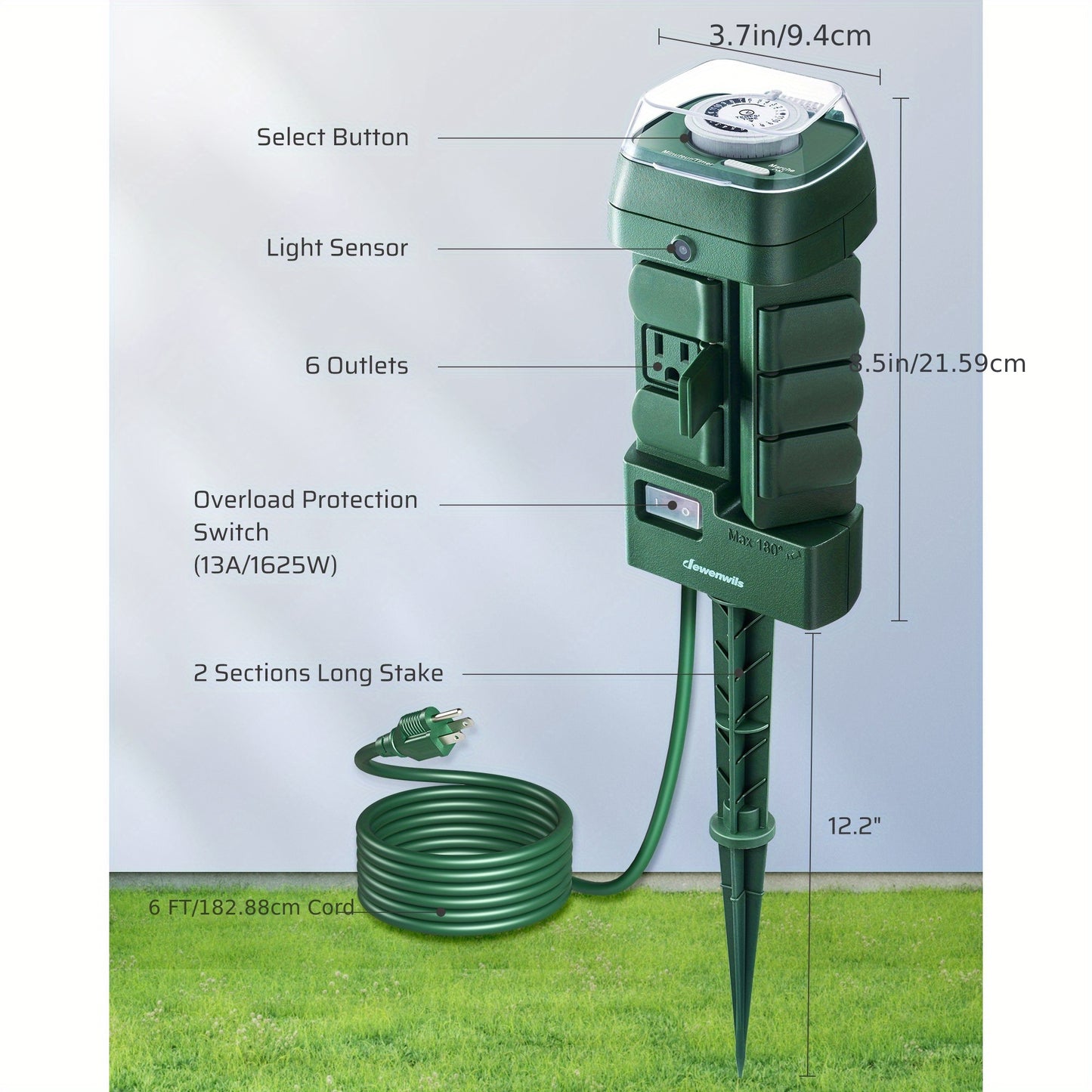 DEWENWILS 6-Outlet Mechanical Timer Stake - 180° Rotatable Outlets with 6ft Extension Cord, Ideal for Garden Lights, Sprinklers and More