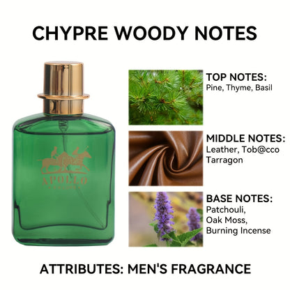 Apollo Men's Chypre Woody Cologne 1.01oz - Long-Lasting Pine, Leather and Patchouli Scent, Alcoholic Spray for Day and Night Use