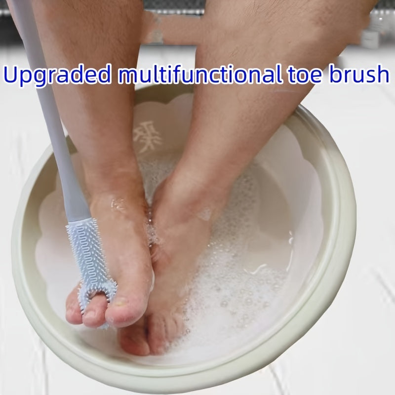 2 in 1 Toe Cleaning and Massage Brush - Soft Rubber Pumice Stone for Dead Skin Removal - Long Handle Odorless Foot Scrubber, No Batteries Needed