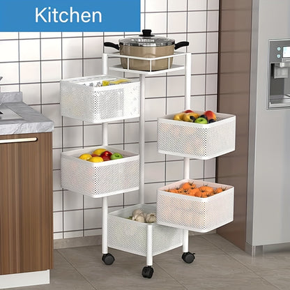 5 Tier Rotating Kitchen Storage Shelf - Metal Fruit and Vegetable Basket Rack on Wheels, Floor-Standing Multi-Layer Storage Trolley for Kitchen and Bathroom