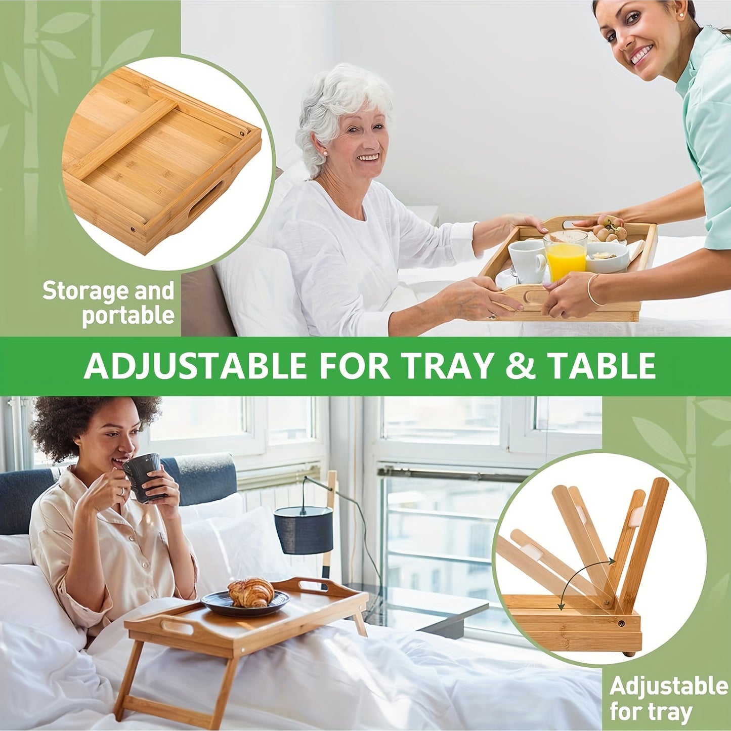 2 Pack Bamboo Bed Tray Tables with Handles – Folding Legs for Breakfast, Eating, Snacking and Working on Sofa or Bed