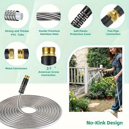 50FT/100FT/150FT Stainless Steel Garden Hose – No Kinks or Tangles, 10-Function Nozzle, Wear-Resistant and Leak-Proof Patio Water Hose