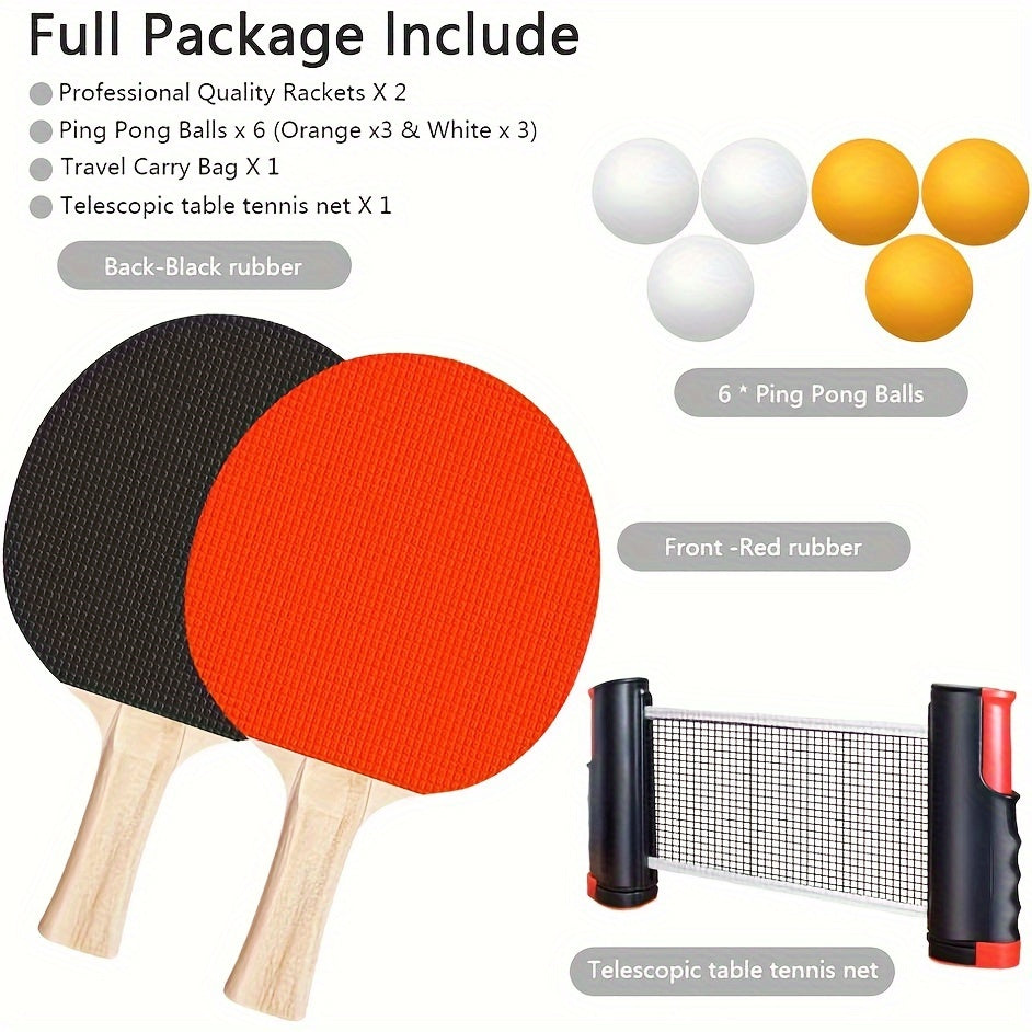 Ping Pong Paddle Set - Portable Table Tennis Kit with Retractable Net, Rackets, Balls and Carry Bag for Indoor/Outdoor Games