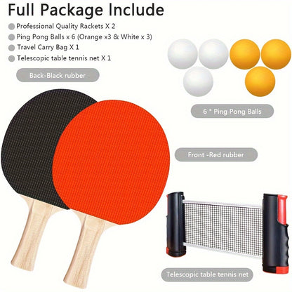 Ping Pong Paddle Set - Portable Table Tennis Kit with Retractable Net, Rackets, Balls and Carry Bag for Indoor/Outdoor Games