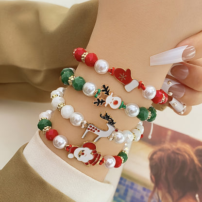 4pcs Festive Christmas Charm Bracelet Set - Santa, Reindeer & Gloves Designs with Soft Clay Beads and Drawstring Closure - Perfect Holiday Gift for Friends and Family