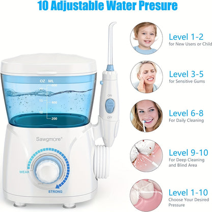 Sawgmore Water Dental Flosser - 8 Jet Tips, 10 Adjustable Pressures, 600ML Large Water Tank, Oral Irrigator for Teeth and Braces, Family Use