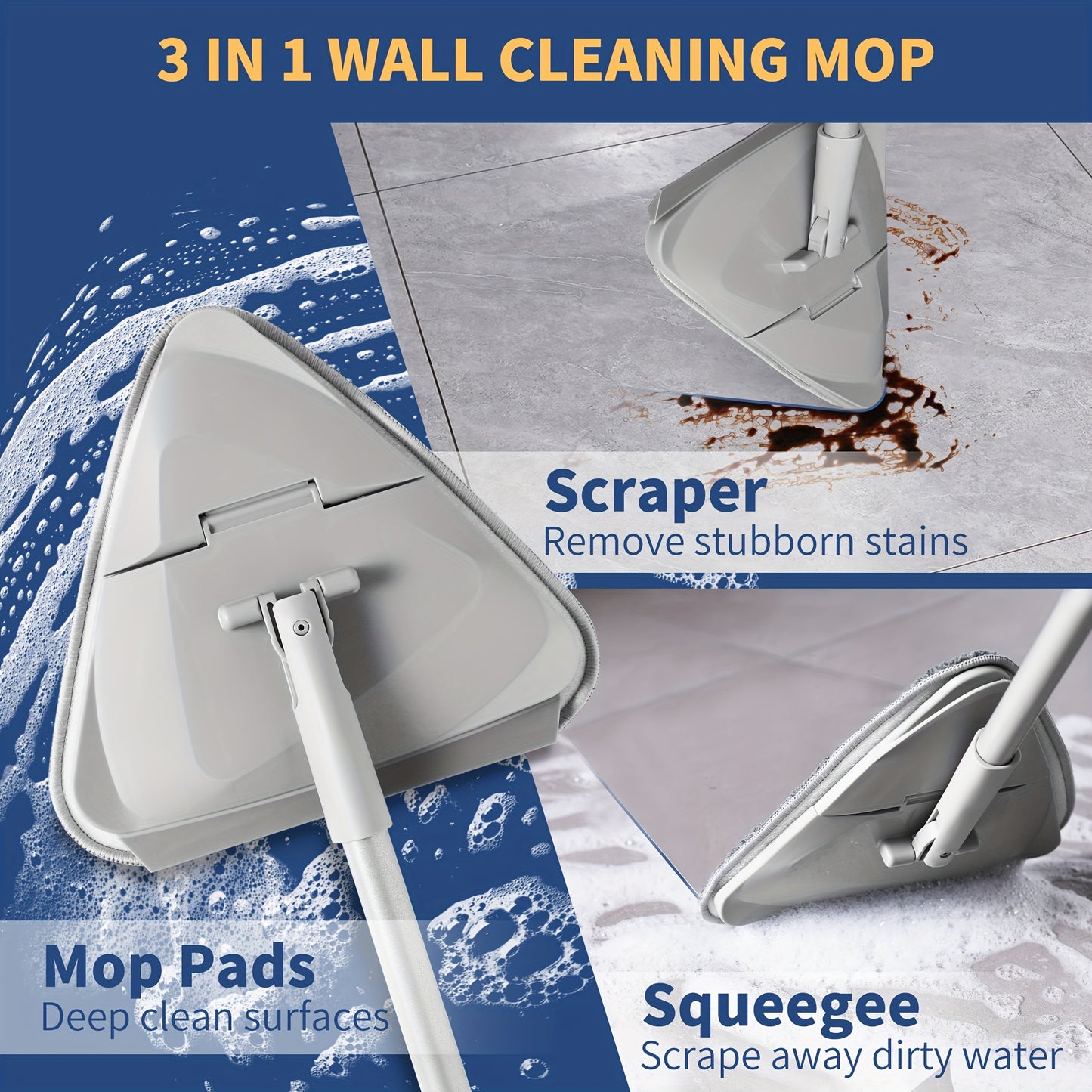 Triangle Wall Cleaning Mop - 6 Replaceable Pads, 360° Rotatable with Extension Pole, for Walls, Ceiling, Windows, Skirting, and Car Cleaning