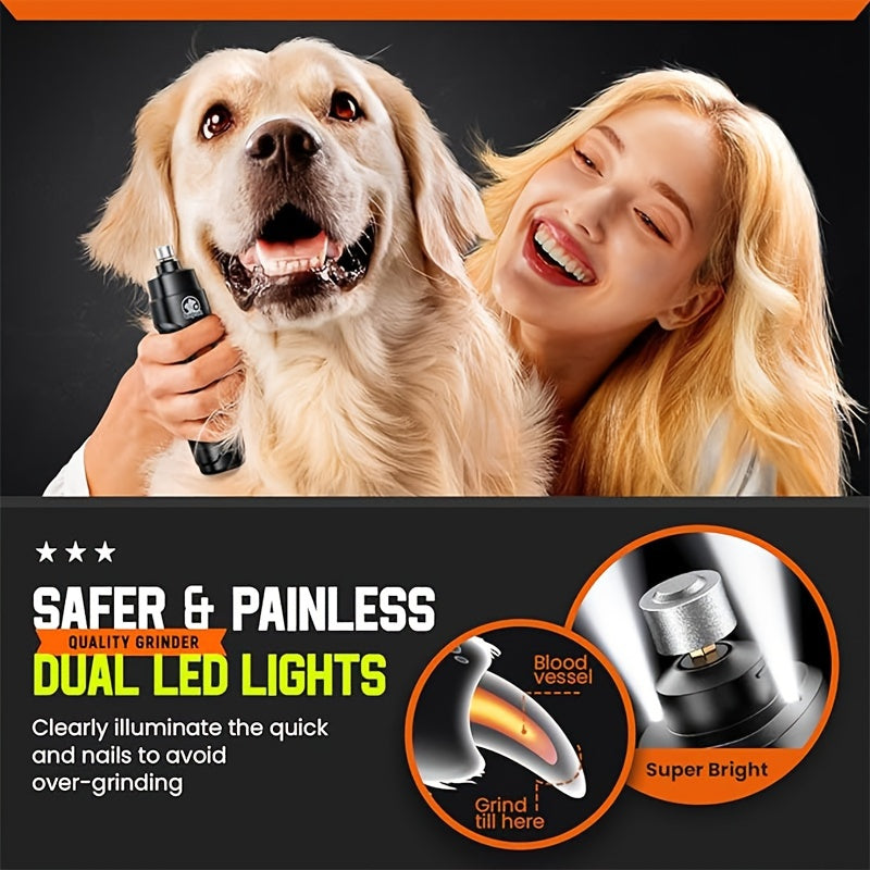 Dual-Speed Rechargeable Dog Nail Grinder - Ultra Quiet and Painless Trimmer Kit with 2 LED Lights, Suitable for Large and Small Dogs and Cats