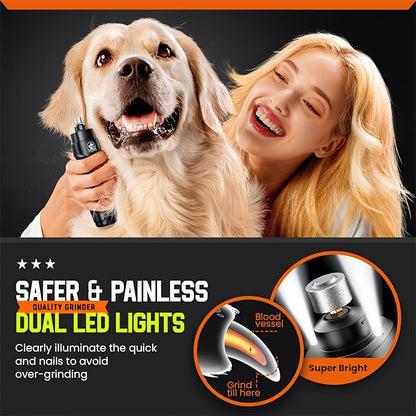 Dual-Speed Rechargeable Dog Nail Grinder - Ultra Quiet and Painless Trimmer Kit with 2 LED Lights, Suitable for Large and Small Dogs and Cats