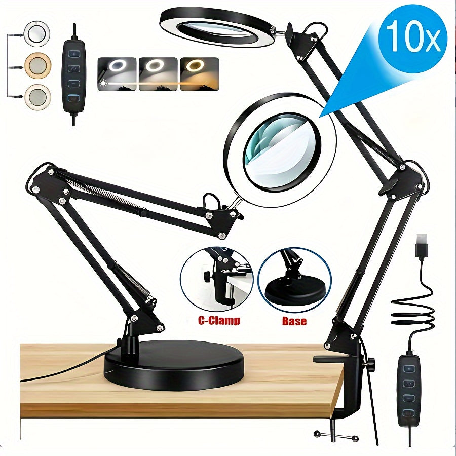 10X LED Lighted Magnifying Glass with Stand - 3 Color Modes, Dimmable, 360° Rotation, USB Powered