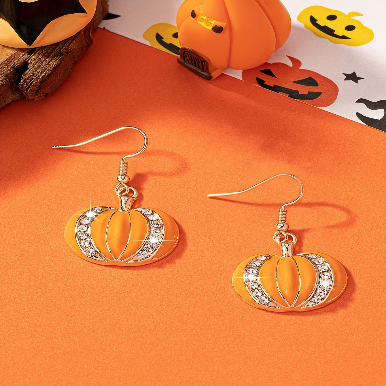 Enamel Pumpkin Dangle Earrings - Shiny Rhinestone Inlaid Retro Bohemian Style, 14K Plated Jewelry, Perfect Halloween Gift