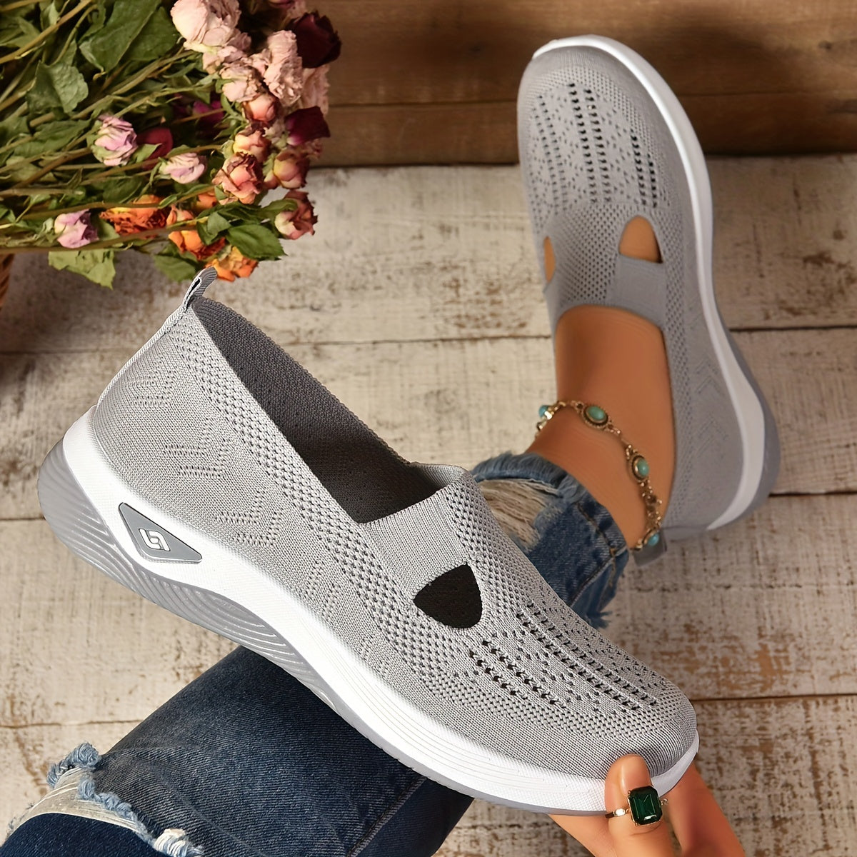 Women's Cut-Out Sneakers – Casual Breathable Slip-On Walking Shoes, Lightweight Outdoor Flats