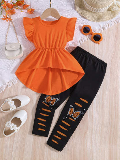 Buy 1 Get 1 Free – 2 pcs Girls' Vibrant Solid Color Frill Sleeve Crew Neck T-Shirt and Butterfly Graphic Pants Set – Trendy Summer Outfit, Perfect Gift Idea