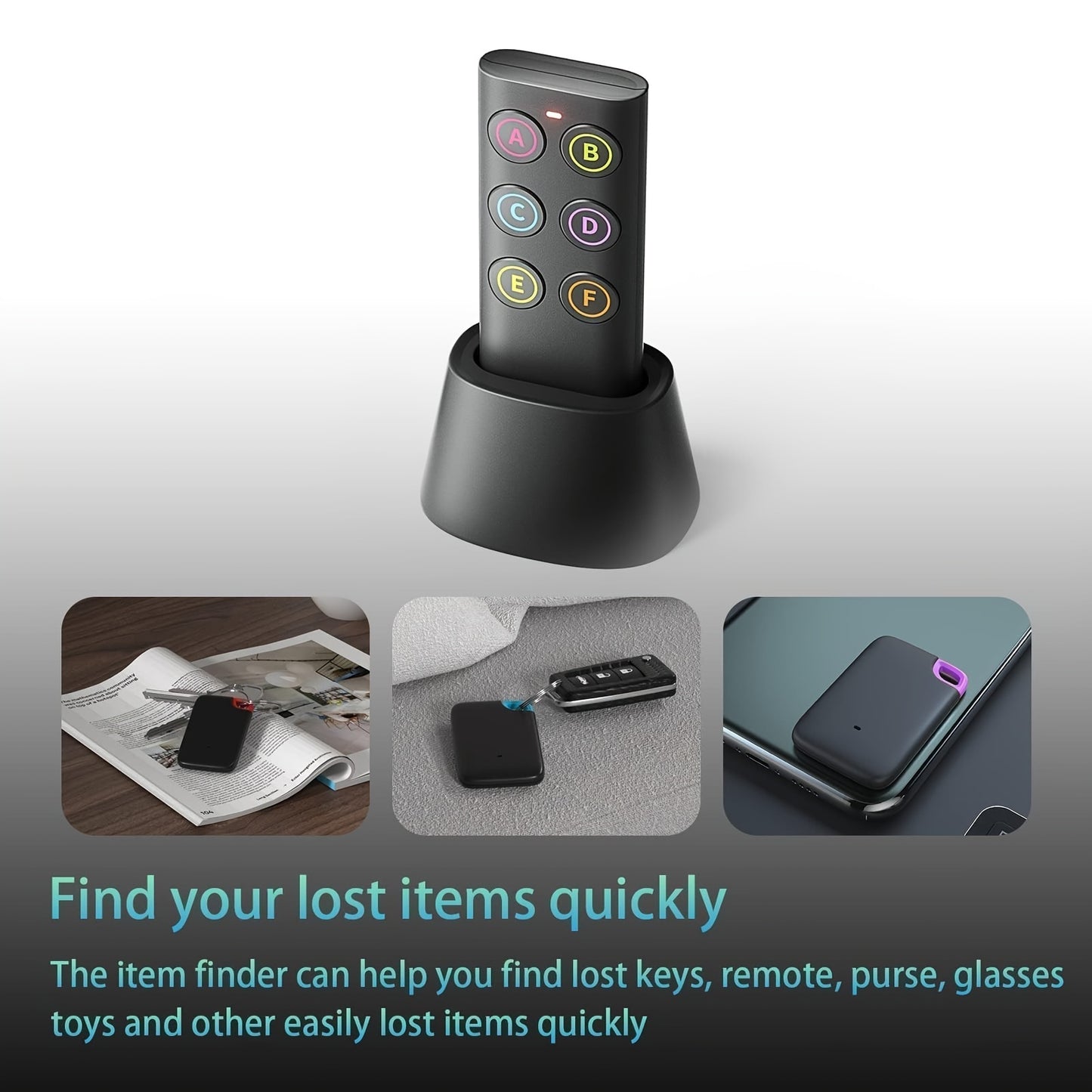 Key Finder Locator – Wireless Key Tracker with 80dB RF Item Locator, 131ft Range, 1 Transmitter and 6 Receivers for Finding Lost Keys and Remotes