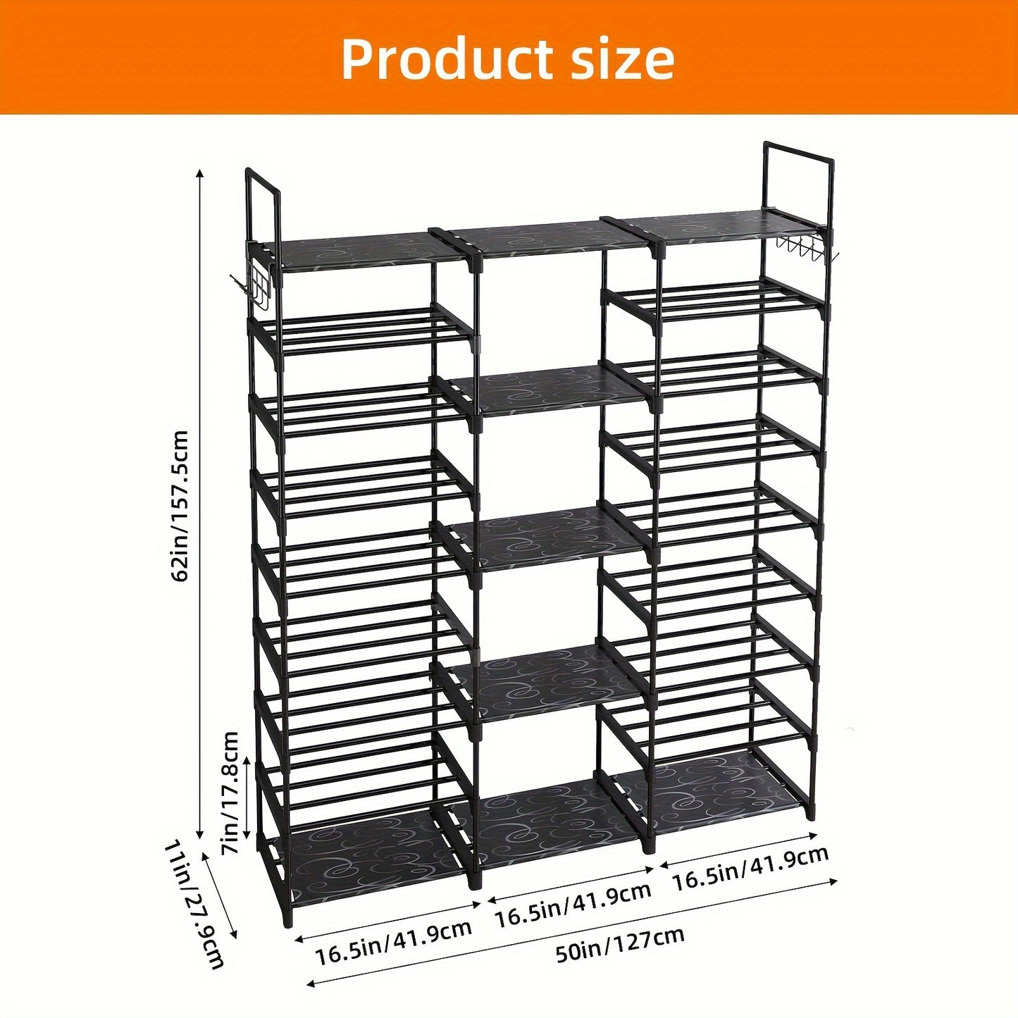 9-Tier Shoe Rack Organizer – Black Metal Shelf, Stackable Design, Holds 50-55 Pairs, Entryway and Bedroom Closet Storage, Dimensions: 129.5x26.9x155.4 cm