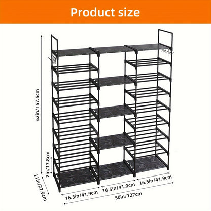 9-Tier Shoe Rack Organizer – Black Metal Shelf, Stackable Design, Holds 50-55 Pairs, Entryway and Bedroom Closet Storage, Dimensions: 129.5x26.9x155.4 cm