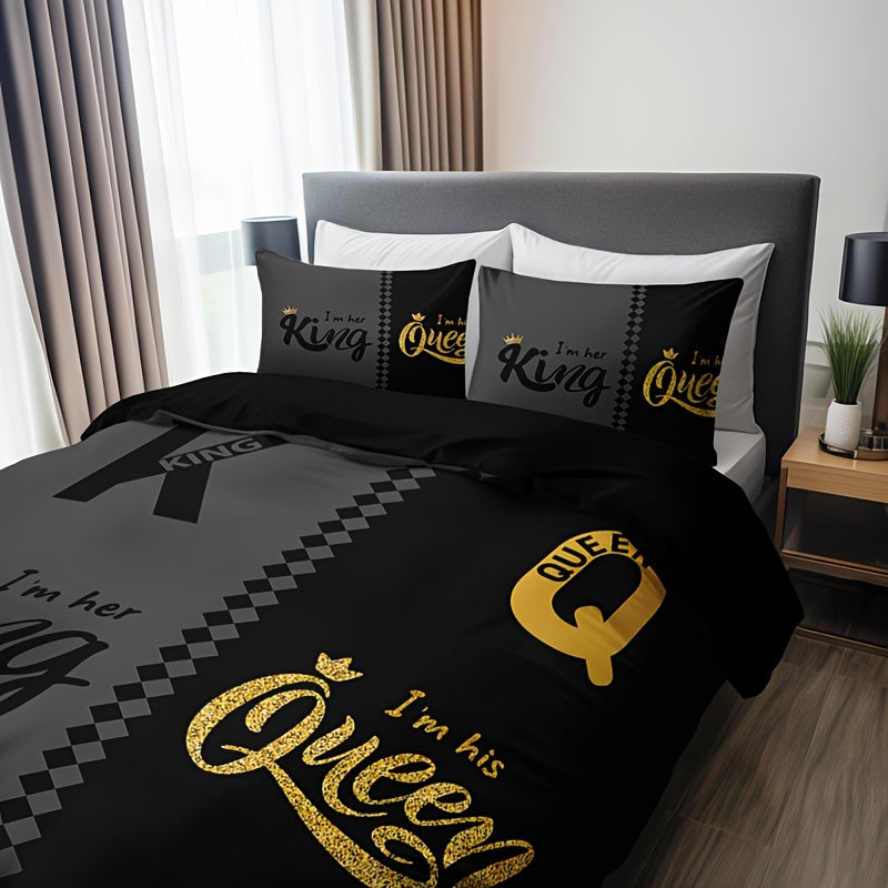 3 Piece Black and Grey Crown Lettering Duvet Cover Set – Includes 1 Duvet Cover and 2 Pillowcases – High Definition Printing for Home and Dorm Decor – Comforter Not Included