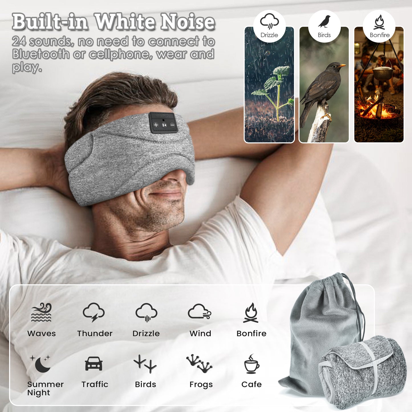 Sleep Mask with Headphones – White Noise, Blackout Light, Ice-Feeling, Extra Soft Modal Lining Eye Mask