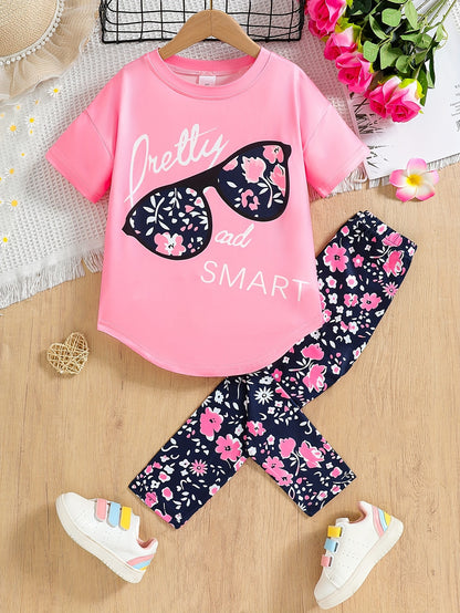 2pcs Little Girls' Adorable Glasses and Alphabet Pattern Outfit - Pant Set with Drop Shoulder Tee, Skinny Crop Leggings, and Cute Accessories