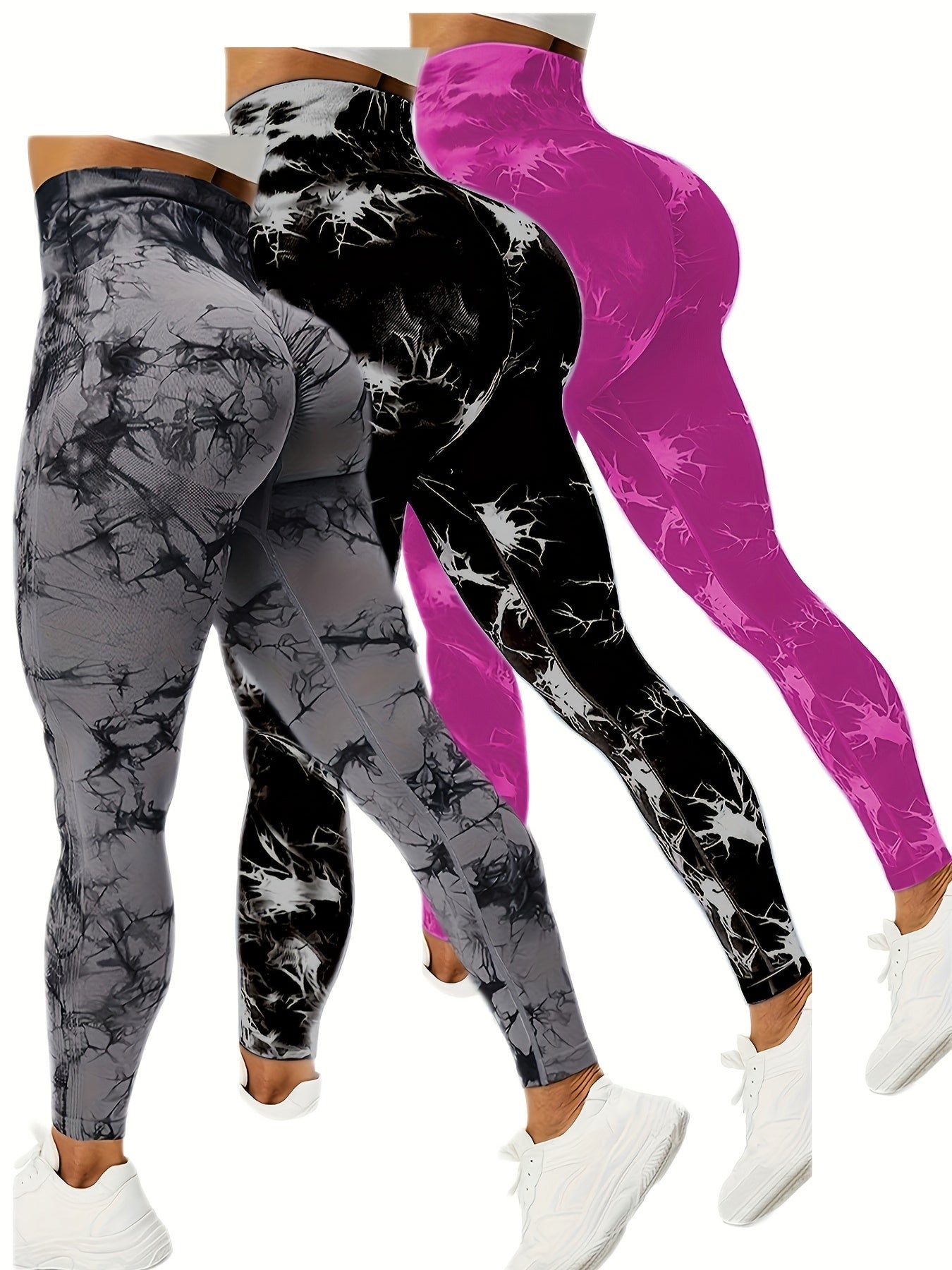 3pcs Vibrant Tie Dye High Waist Sports Leggings - Ultra-Comfortable, Sweat-Wicking, Four-Way Stretch - Wide Waistband for Yoga, Running, Workout, Activewear Essentials