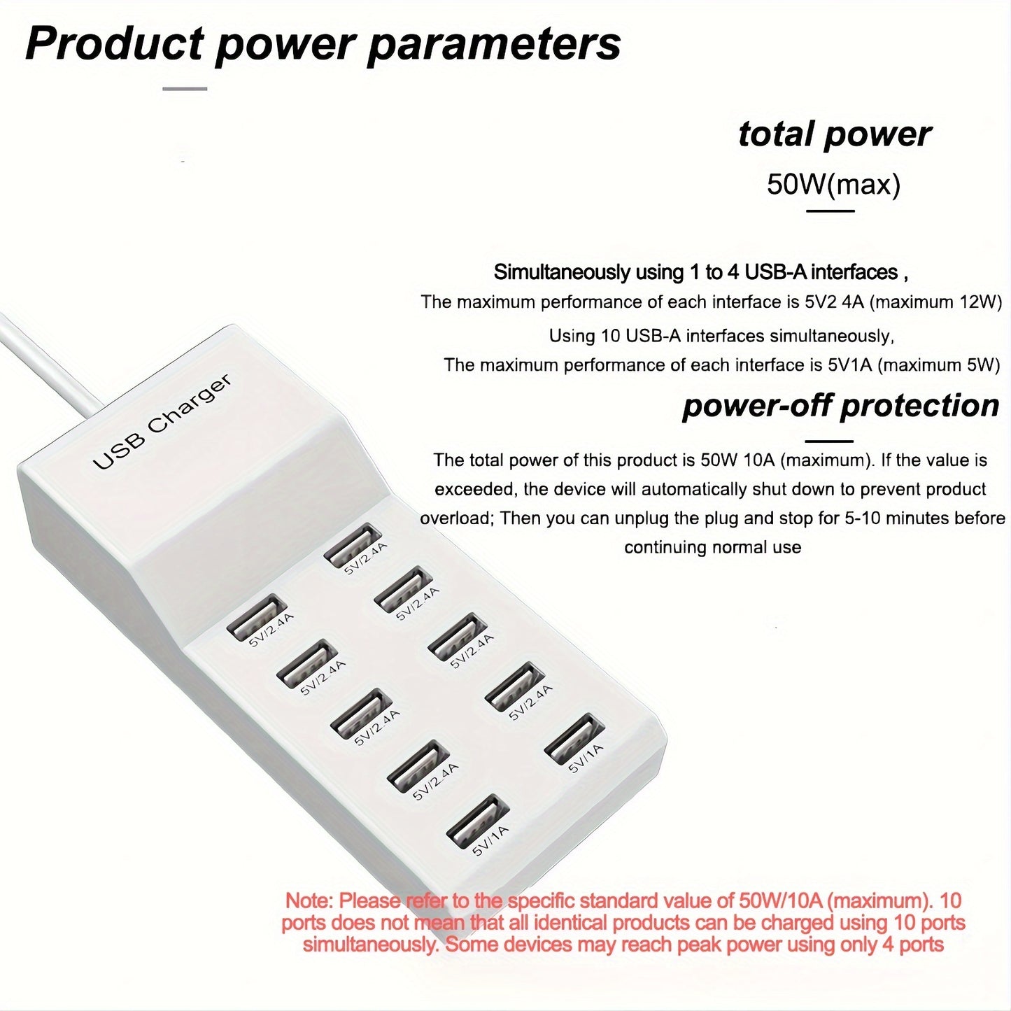 50W 10-Port USB Charging Station - Intelligent Short Circuit Protection and Efficient Current Distribution for Multiple Devices