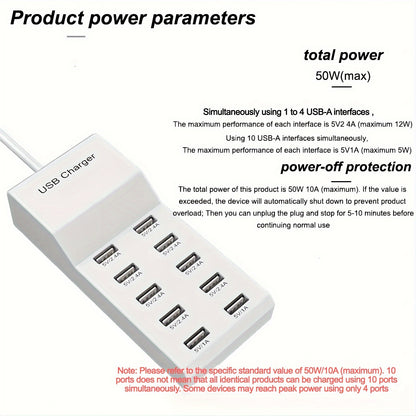 50W 10-Port USB Charging Station - Intelligent Short Circuit Protection and Efficient Current Distribution for Multiple Devices