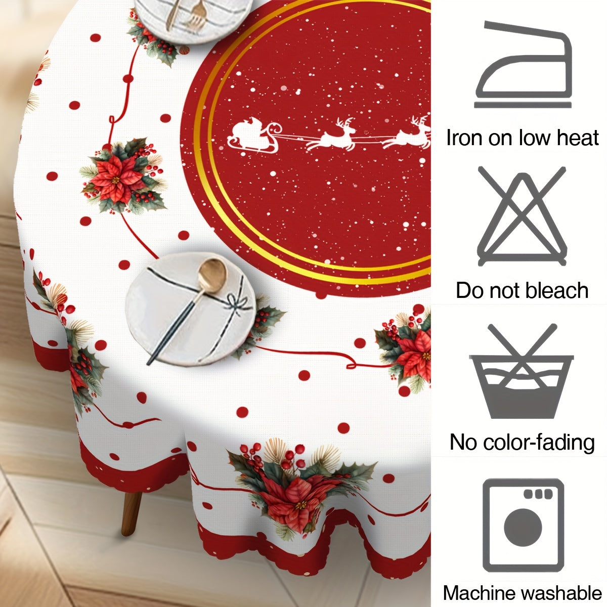 Festive Christmas Tablecloth - Red Poinsettia & Holly Design, Waterproof and Durable, Suitable for Indoor/Outdoor Use, Ideal for Holiday Gatherings