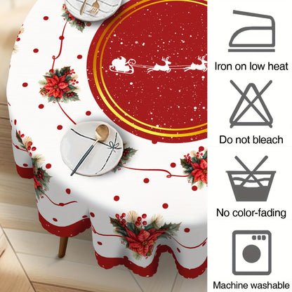 Festive Christmas Tablecloth - Red Poinsettia & Holly Design, Waterproof and Durable, Suitable for Indoor/Outdoor Use, Ideal for Holiday Gatherings