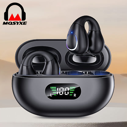 Open Ear Clip Wireless Earplugs BT 5.3 – Sports Earphones with Built-In Microphone, Ear Hooks, Wireless Charging Box, and Display