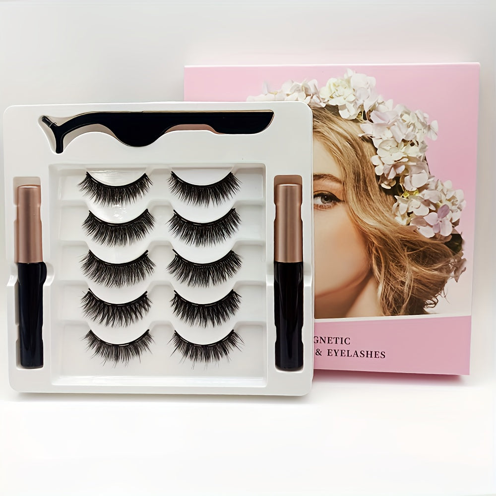 5 Pairs Magnetic Lashes and Eyeliner Kit - No Glue Needed Party Makeup with 2 Magnetic Eyeliner Pens and Tweezers - Natural Looking and Reusable for Beginners