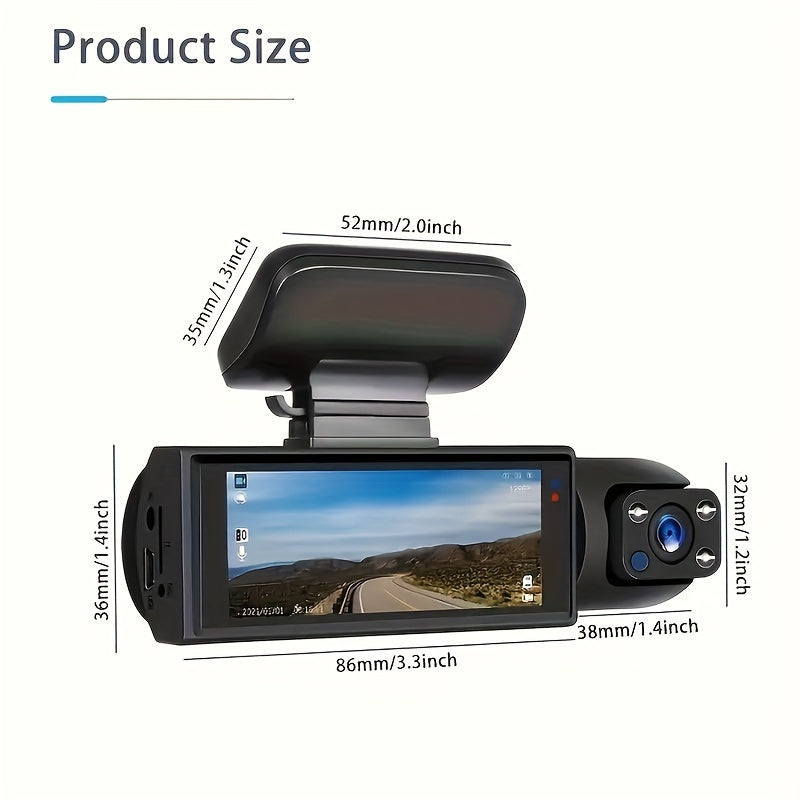 1080P Dual Camera Dash Cam for Cars – Front and Inside with IR Night Vision, Loop Recording, Wide Angle & 3.16 Inch IPS Screen, Optional 32GB Card