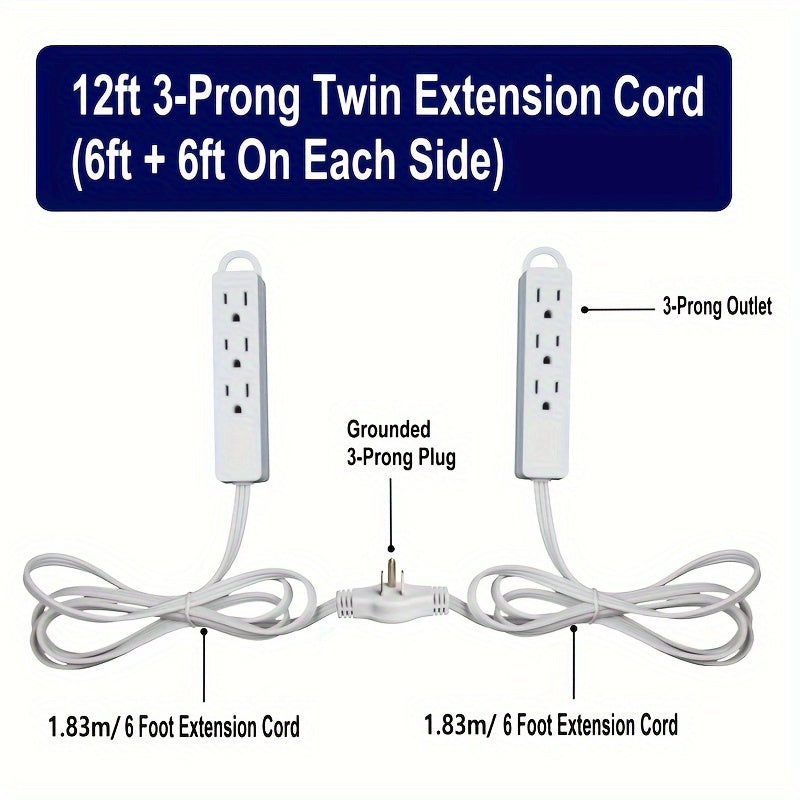 Extension Cord Power Strip - 12 Foot Cord, 6 Feet on Each Side, Flat Head (Wall Hugger) Plug, 6 Polarized Outlets, 13A 125V 1625W, ETL Approved