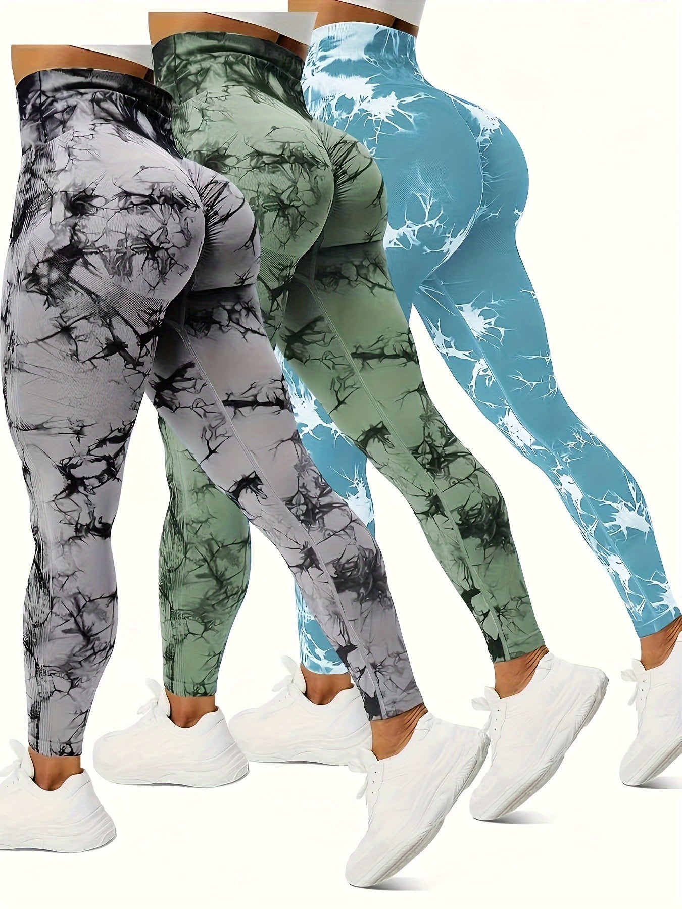 3pcs Vibrant Tie Dye High Waist Sports Leggings - Ultra-Comfortable, Sweat-Wicking, Four-Way Stretch - Wide Waistband for Yoga, Running, Workout, Activewear Essentials