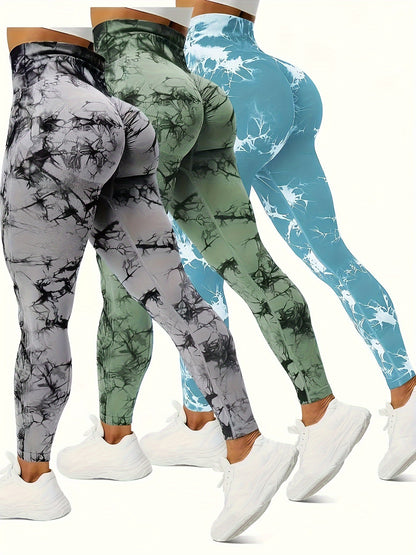 3pcs Vibrant Tie Dye High Waist Sports Leggings - Ultra-Comfortable, Sweat-Wicking, Four-Way Stretch - Wide Waistband for Yoga, Running, Workout, Activewear Essentials