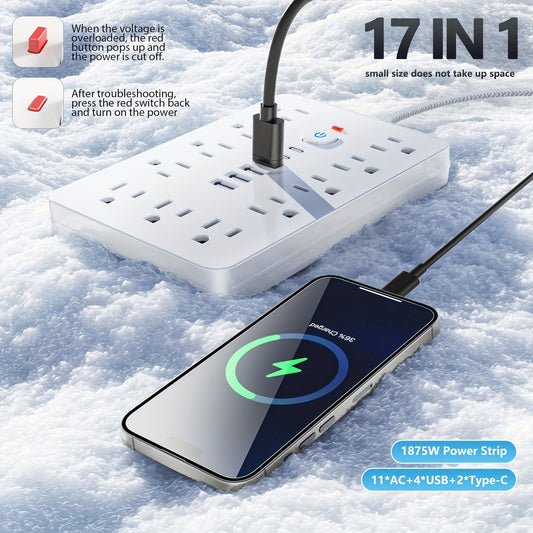 6-Outlet 5Ft Ultra Thin Extension Cord Power Strip - 6 USB Ports (2 USB Type-C) - Compact Desk Charging Station with On/Off Switch, Surge Protection, and Wall Mount - Ideal for Office, School, Home