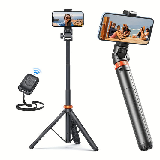 62 Inch Extra-Large Phone Tripod Stand - Wireless Remote, Retractable & Travel-Friendly, Compatible with iPhone 15/14/13 & Android - Battery Powered, Non-Rechargeable and Durable