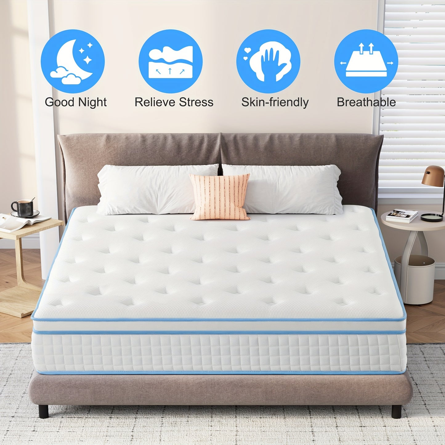 12-Inch Queen Size Plush Memory Foam Spring Hybrid Mattress - Nonslip Pads for Ultimate Comfort - Soft, Breathable, Pressure-Relieving, Cooling, and Supportive with Durable Cotton Cover